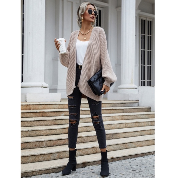 Open Knit Cardigan Bishop Sleeve in Light Mocha - Picture 3 of 7